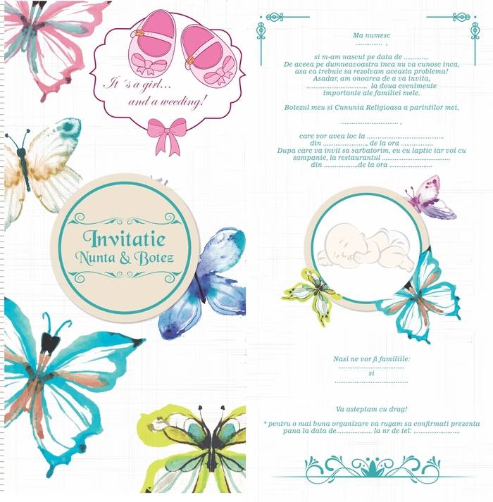 Invitație de nuntă și botez cu temă cu fluturi invitatii nunta botez combinata